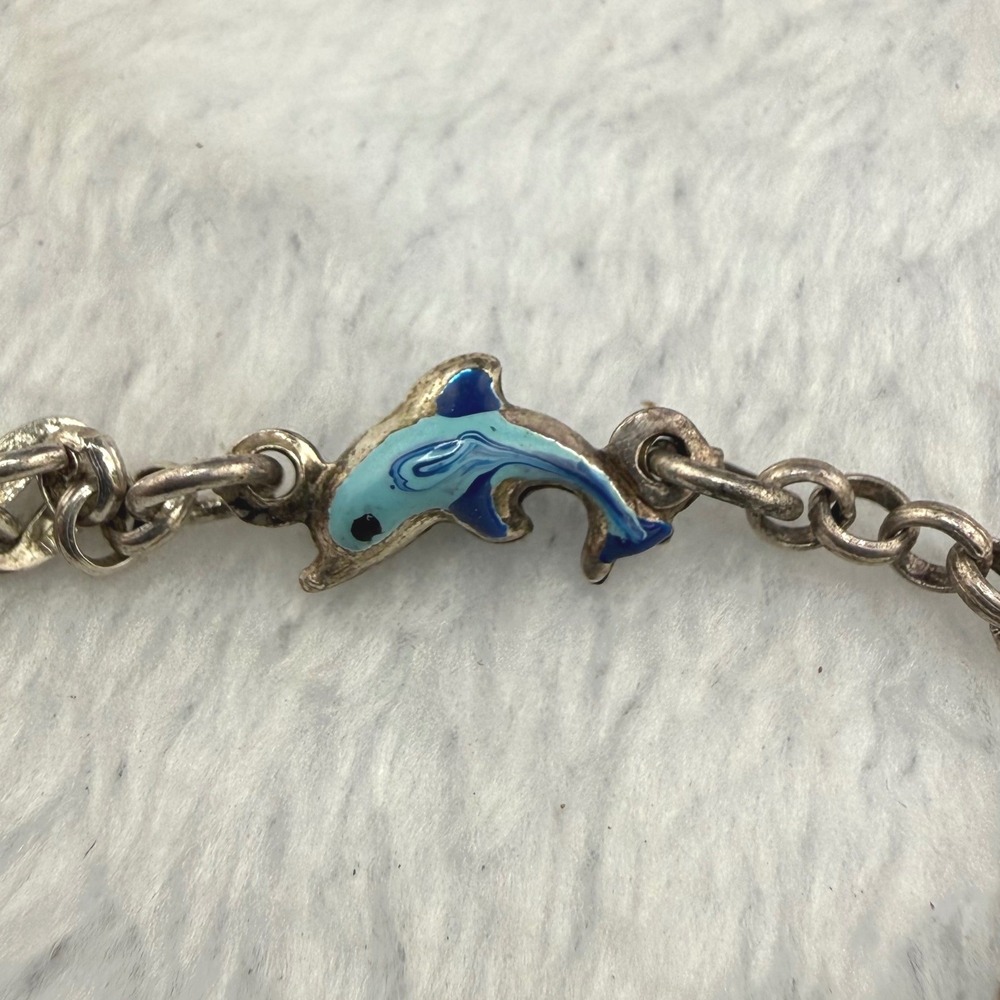 Vintage Italy Dolphin Bracelet Silver Blue Enamel Link Chain 6.5"